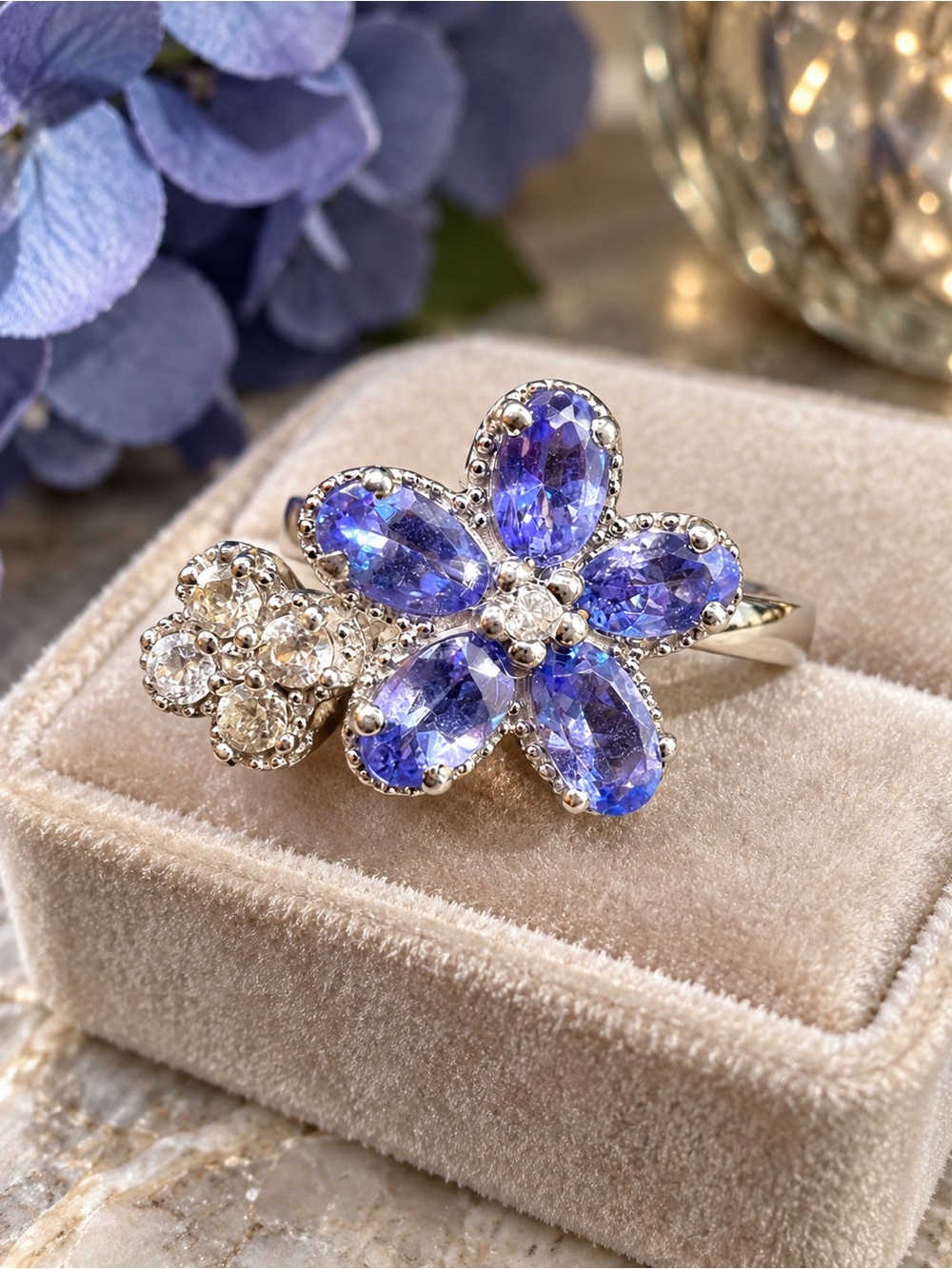 AFFINITY GEMS TANZANITE CUBIC ZIRCONIA FLOWER RING 925 STERLING SILVER SIZE 8